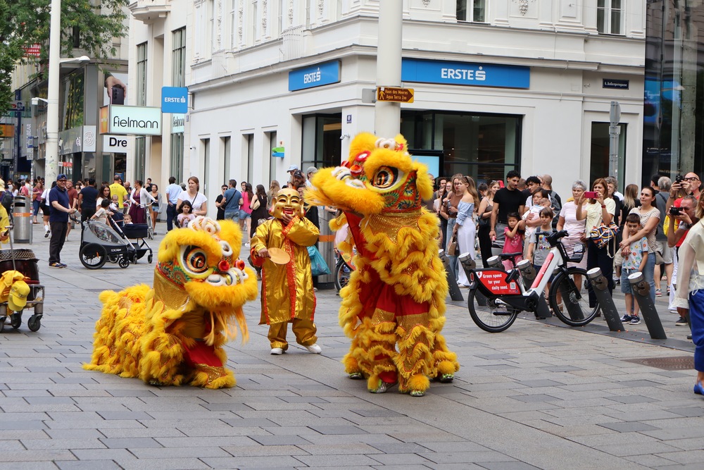Passanten staunen über die Darbietung der Löwen auf der Mariahilfer Straße. Foto: FDI